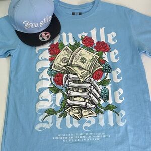 Hustle Blue Graphic Tee - Short Sleeve & hat Sz Large NWT